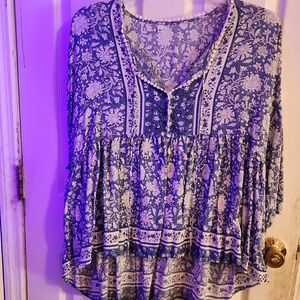 Boho Floral Peasant Top in Blue and White